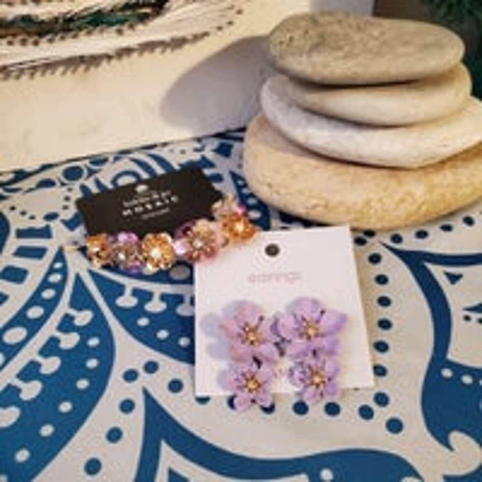 Summer Spring Jewelry Bundle Floral Beaded Bracelet & Purple Flower Earrings